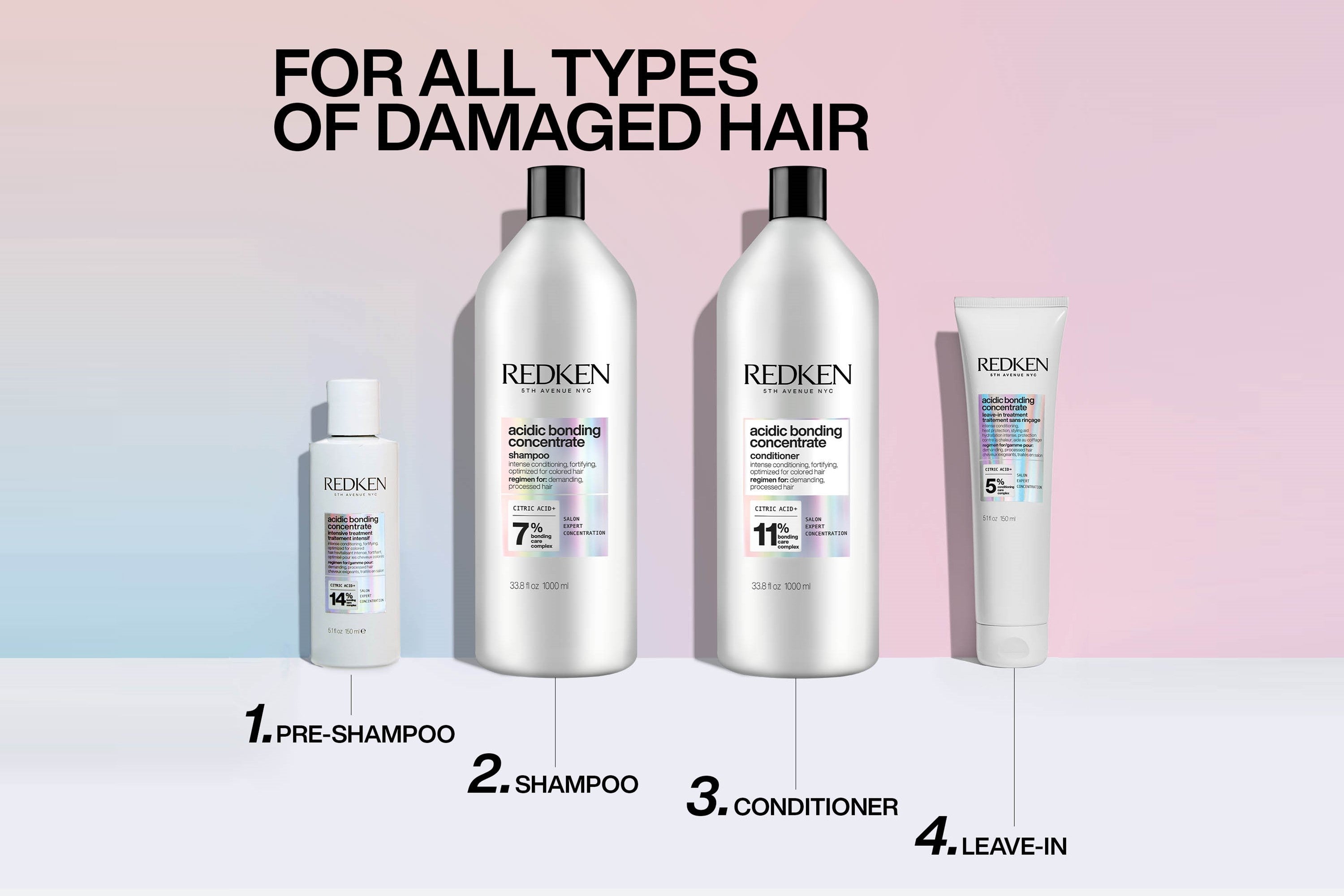 Redken Acidic Bonding Concentrate Shampoo 1000ml, Conditioner 1000ml, Intensive Treatment 150ml & Leave-In Treatment 150ml Set