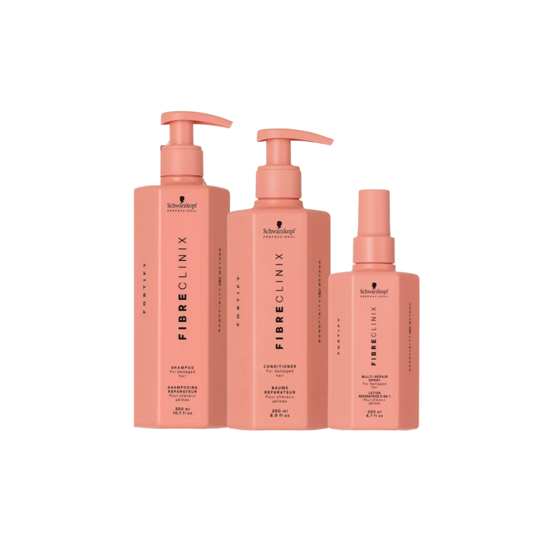 Schwarzkopf Professional Fibre Clinix Fortify Shampoo 300ml, Conditioner 250ml & Multi-Repair Spray 200ml Trio