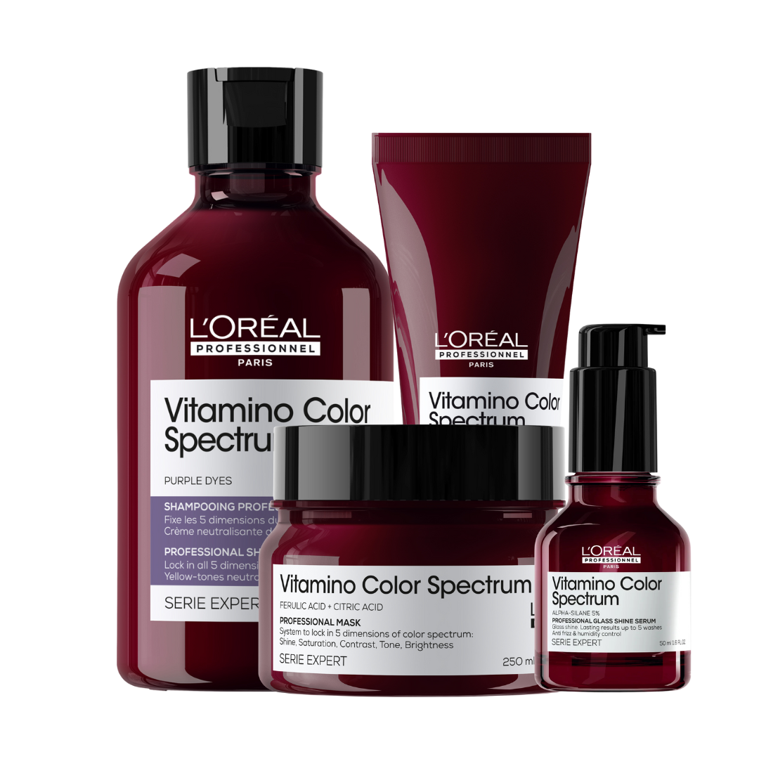 L'Oréal Professionnel Vitamino Color Spectrum Purple Shampoo 300ml, Vitamino Color Spectrum Conditioner 200ml, Vitamino Color Spectrum Mask 250ml & Vitamino Color Spectrum Glass Shine 50ml Set