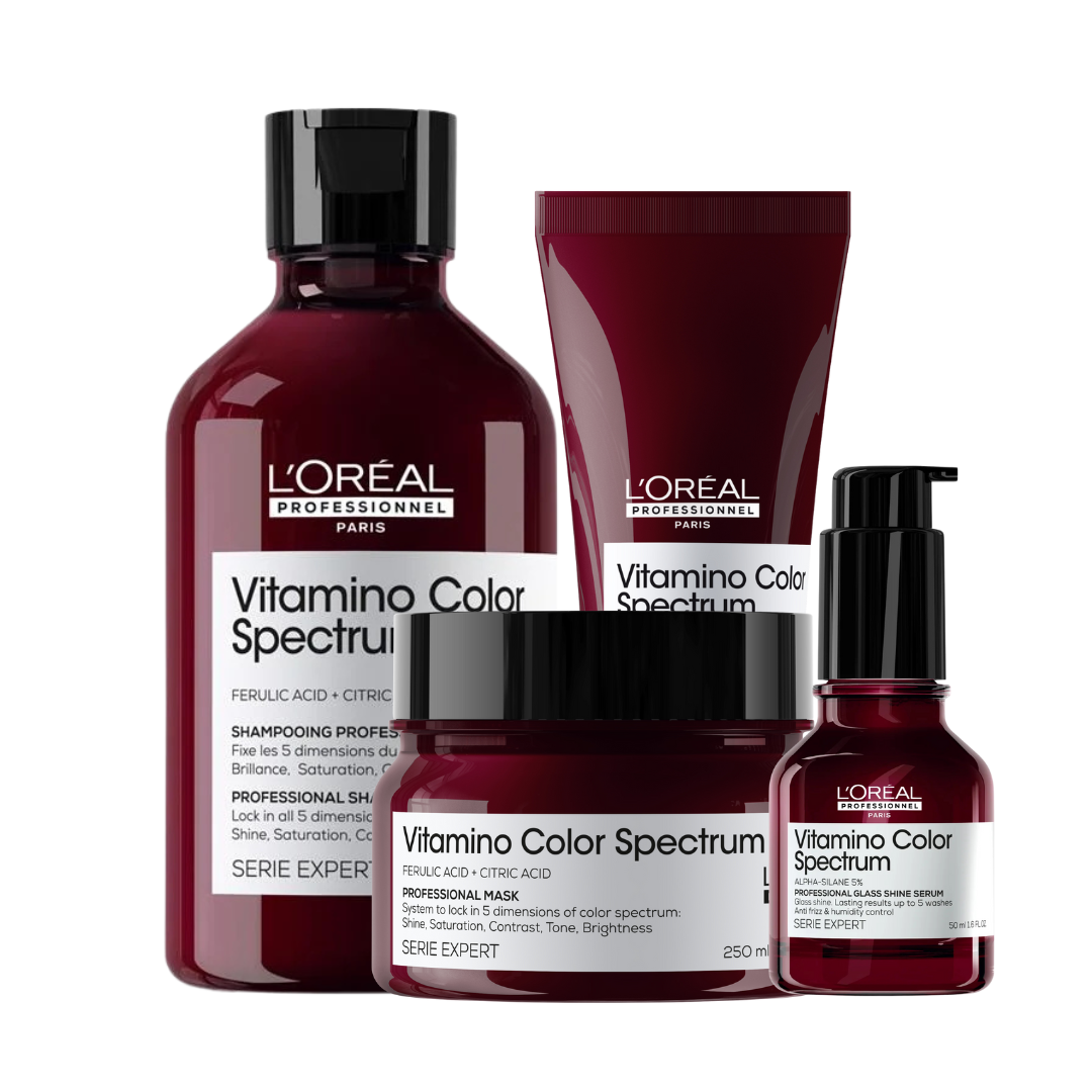 L'Oréal Professionnel Vitamino Color Spectrum Shampoo 300ml, Vitamino Color Spectrum Conditioner 200ml, Vitamino Color Spectrum Mask 250ml & Vitamino Color Spectrum Glass Shine 50ml Set