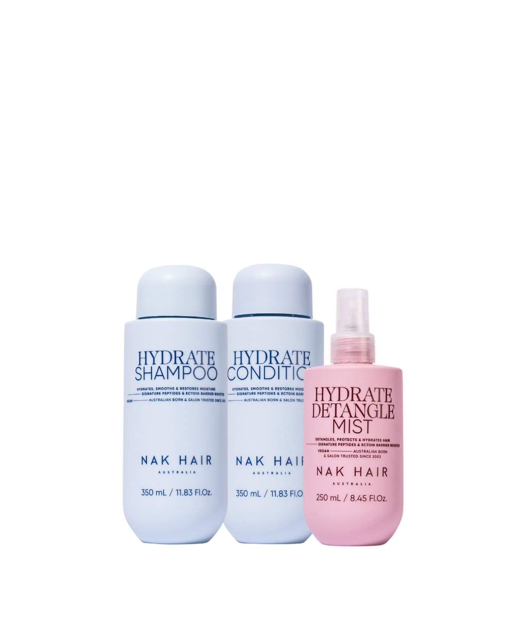NAK Signature Hydrate Shampoo & Conditioner 350ml + Detangle Mist 250ml Trio NEW
