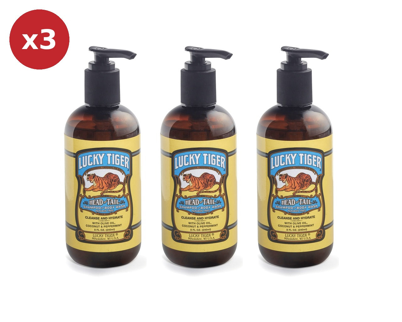 Lucky Tiger Head to Tail Shampoo & Body Wash 240ml 3 Pack